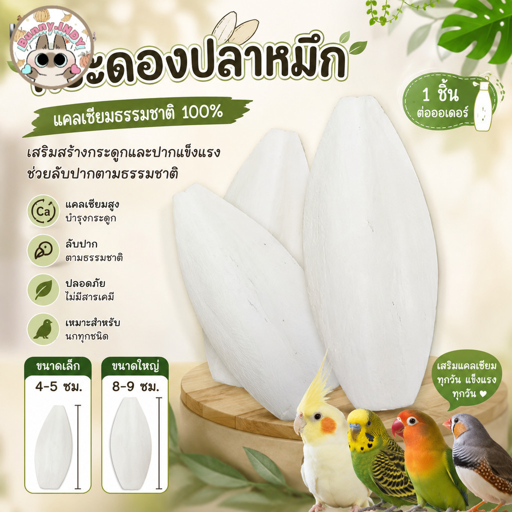 Bunny.indy กระดองปลาหมึกแท้ 100% อาหารเสริมแคลเซียมสำหรับนก ช่วยขัดปาก บำรุงกระดูก ปลอดภัยไร้สาร
