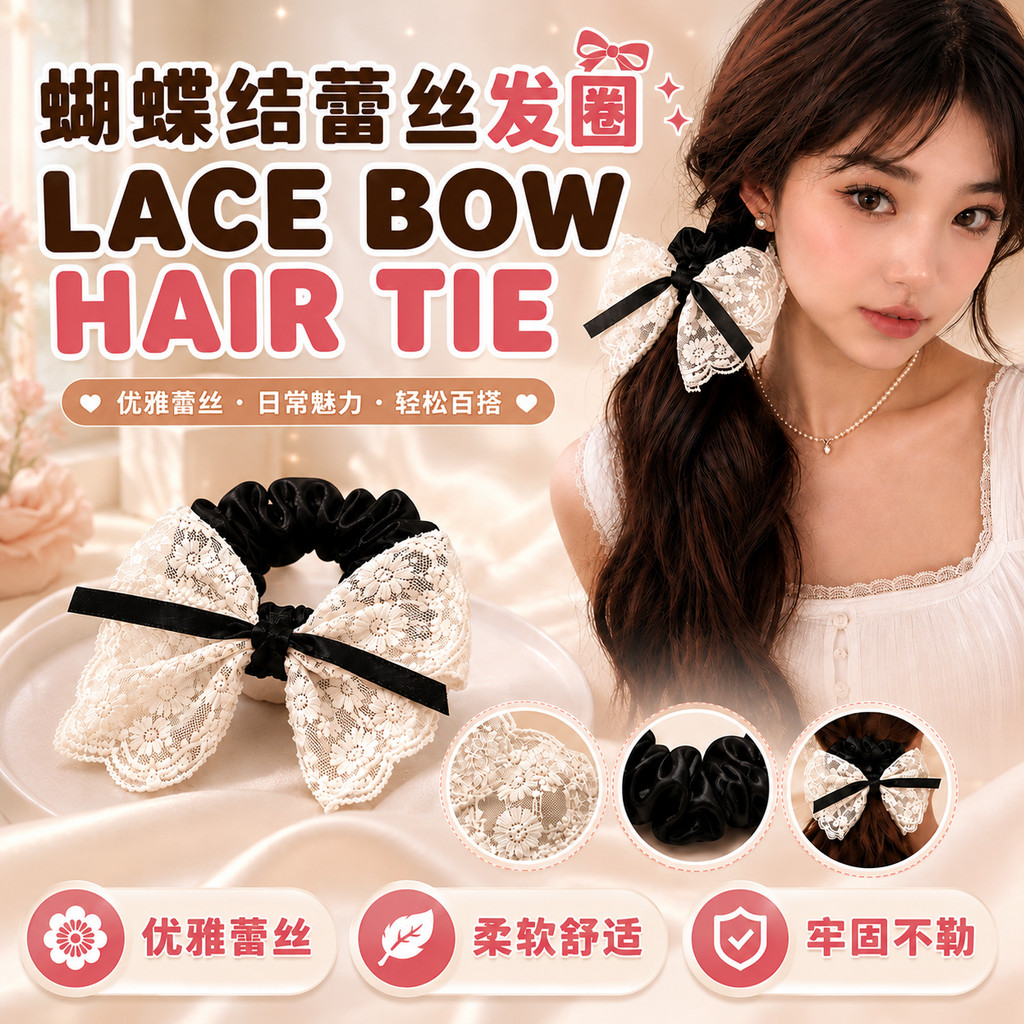 Ikat Rambut  Hinei丝发圈 Bow Lace Hair Tie 甜层双 Bow Bow Bow Bow Bow Hair Tie