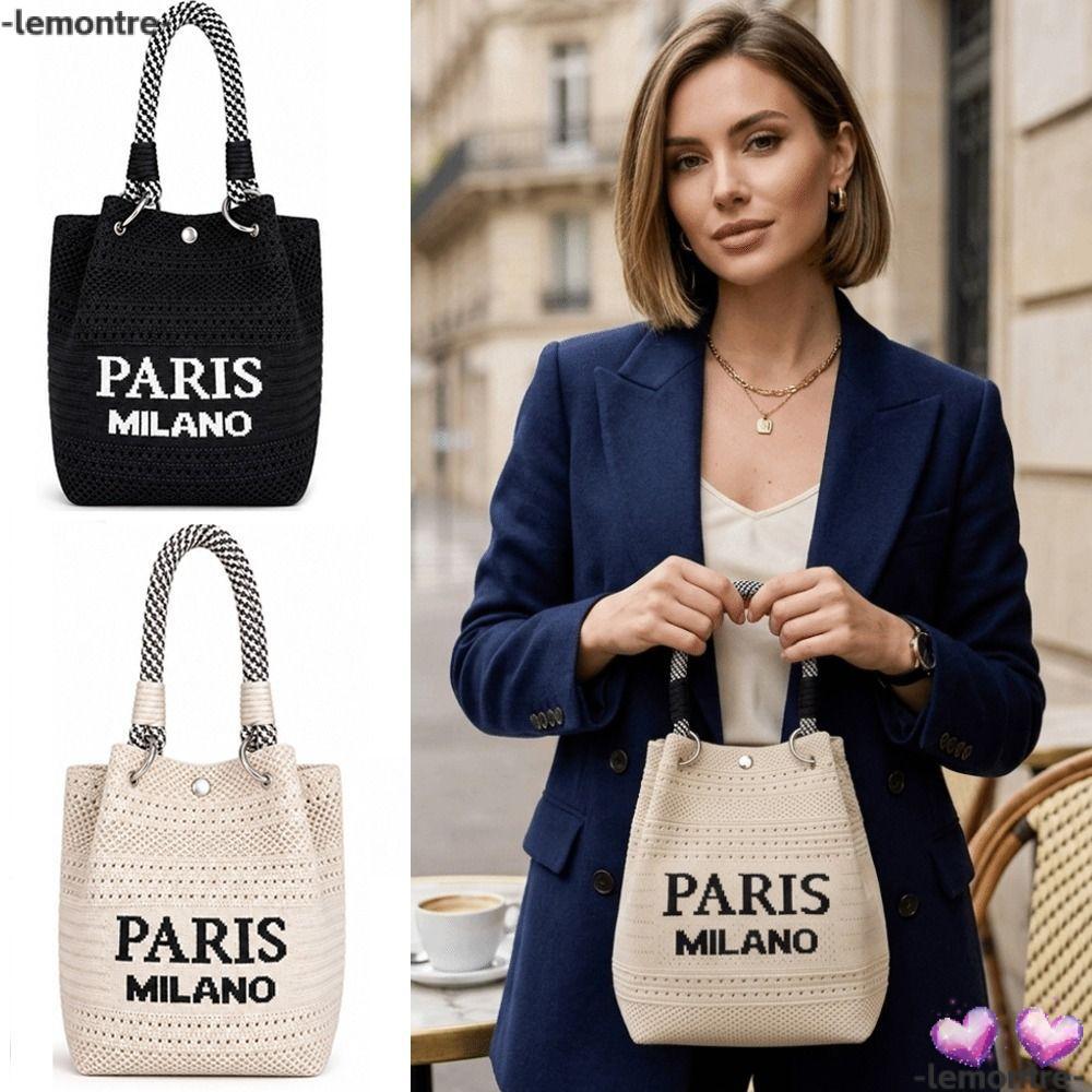 LEMONTRE กระเป๋าถังถัก,ทอสีทึบ Mini Tote Bag,แฟชั่นความจุขนาดใหญ่มือถือแหวนจับกระเป๋าสะพายวันหยุดพักผ่อน