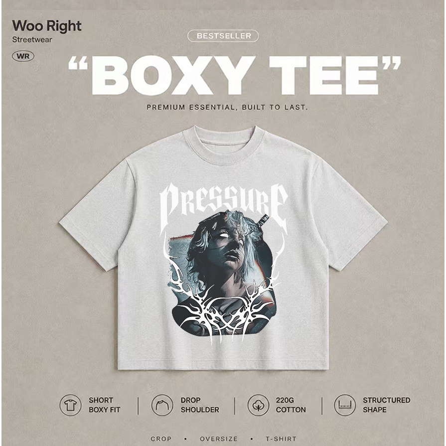 COD Woo Right Boxy Cropped Tเสื้อยืดสีขาวเข้ารูป พิมพ์ Pressure และรูปคนบนหน้าอก สไตล์สตรีทแขนสั้น