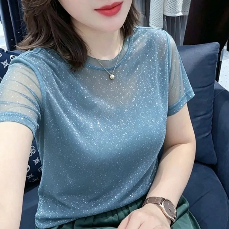 XUHENJIAN ใหม่ GHG ออกแบบแฟชั่นฤดูร้อน Slim-fit ลูกไม้เสื้อชีฟองผู้หญิงยืดตาข่ายแขนสั้นรอบคอ All-mat