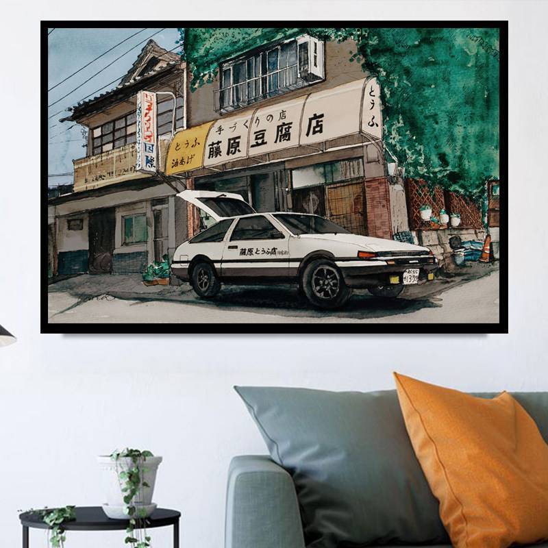 ภาพวาดผ้าใบกันน้ําไร้กรอบ Initial D AE86 Fujiwara Tofu Shop โปสเตอร์, รถอินเทรนด์ Wall Art พิมพ์ห้อง