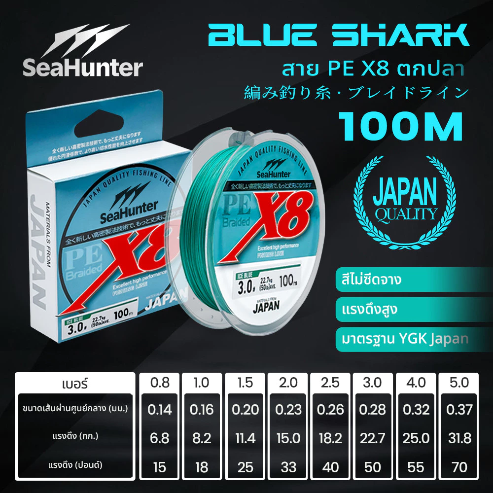 SeaHunter Blue Shark PE Line X8 สายเอ็นตกปลา 100 เมตร 17-52LB คุณภาพญี่ปุ่น สายหลักความแข็งแรงสูง เหนียว ทนทาน