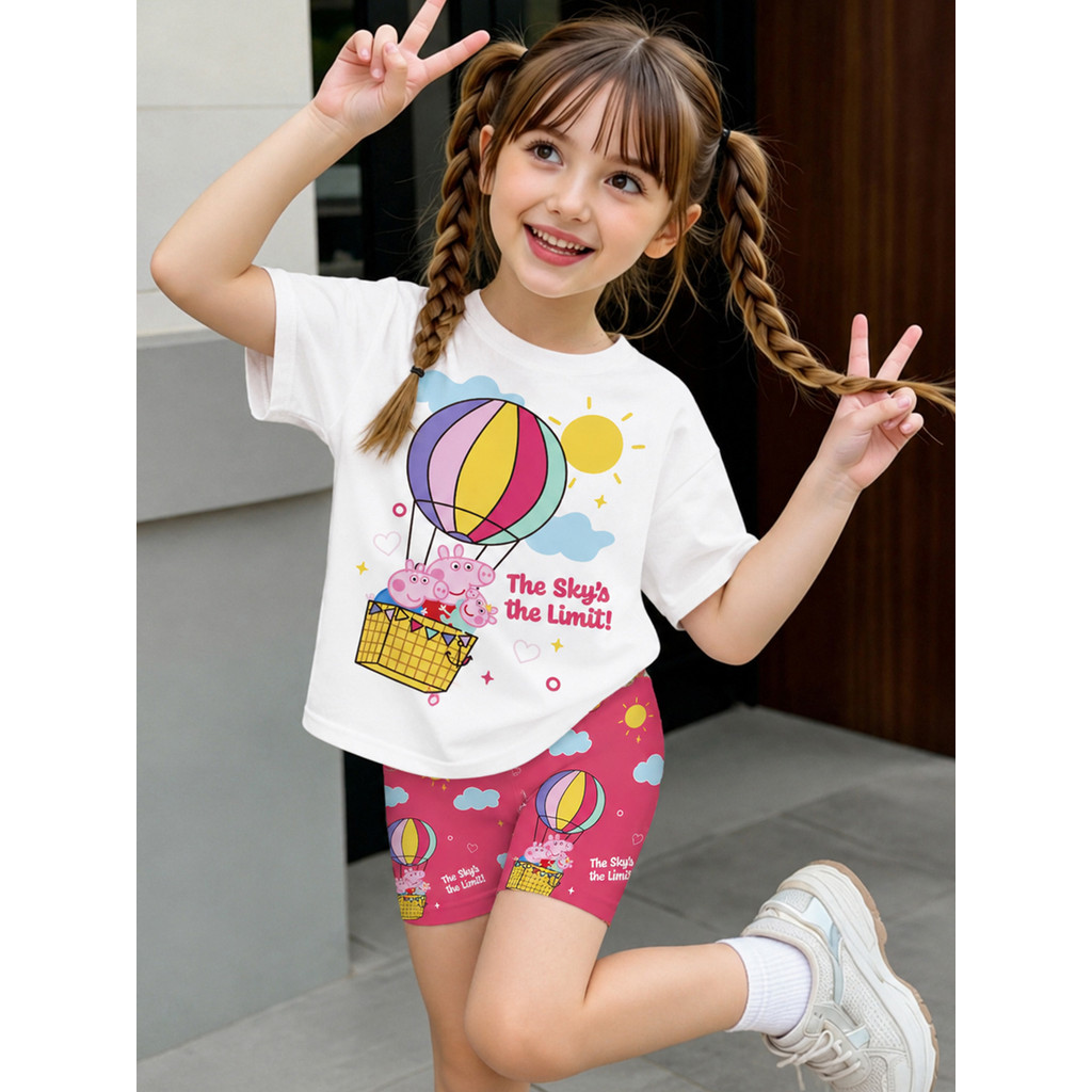 Peppa & George Hot Air Balloon Girls ชุดกลางแจ้ง 2 ชิ้น, Cloud Sun Print Tee & กางเกงขาสั้นแน่น, ของ