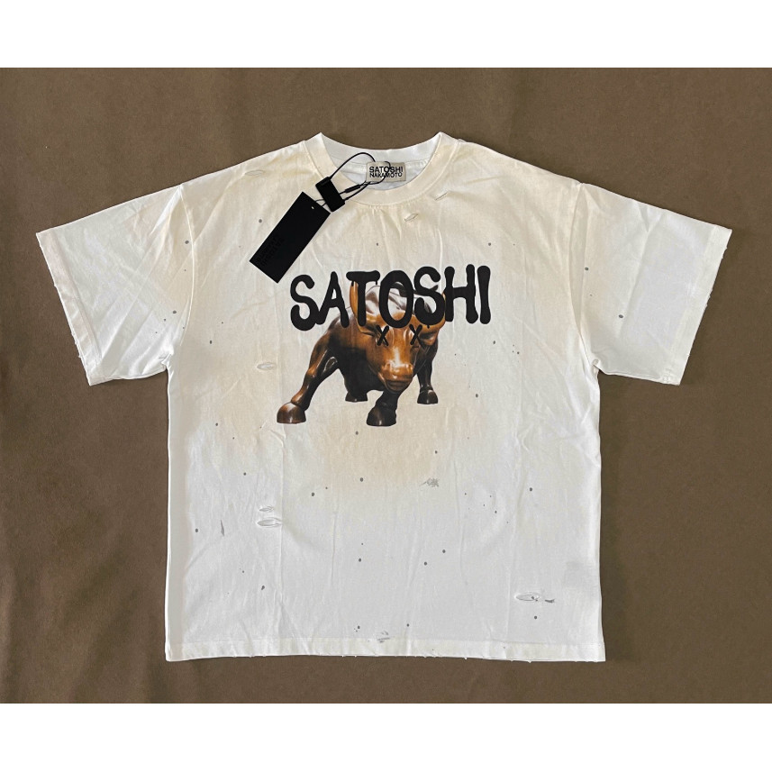 High Street Destruction Design แขนสั้น Taurus Sculpture Letter พิมพ์ล้างสีขาวหลวมสบายๆคู่เสื้อยืด