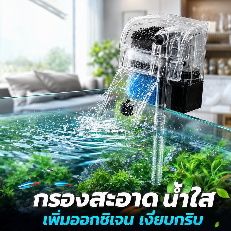 กรองแขวนตู้ปลา กรองน้ำ 3 ชั้น เพิ่มออกซิเจน น้ำตก กรองผิวน้ำ เงียบ แขวนขอบตู้ น้ำใส