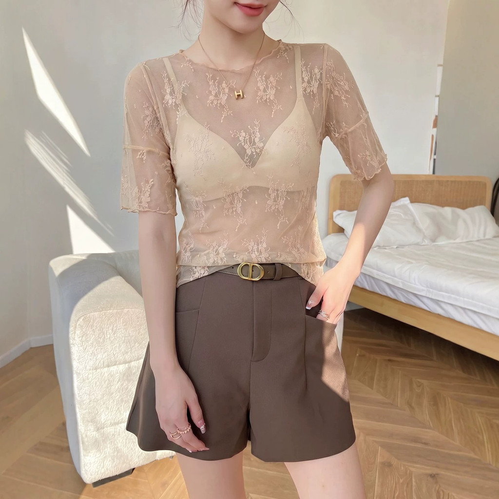 20262026ซีทรูลูกไม้Bottomingเสื้อผู้หญิงHigh-Endบางแขนสั้นเสื้อยืดHollow Gauze Topอินเทรนด์km8.10A