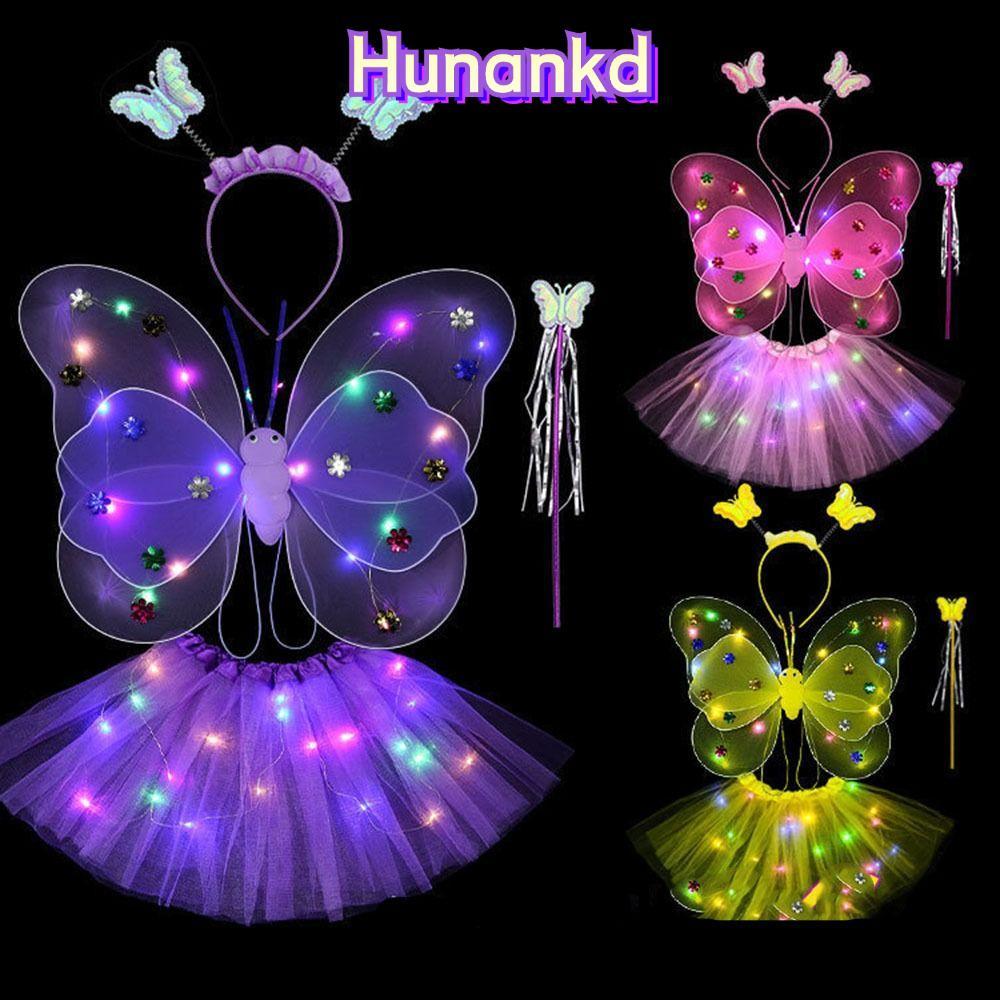HUAN กระโปรงเด็กผู้หญิง Princess Hair Hoop ไฟชุด 2-8 ปีอีสเตอร์วันวาเลนไทน์ Angel Luminous Wings