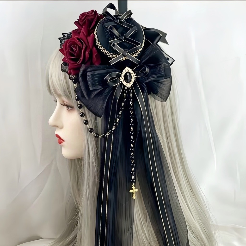 Gothic Lolita หมวกสีดํา Rose ดอกไม้ Barrettes Lolita Headdress Lolita เครื่องประดับผม
