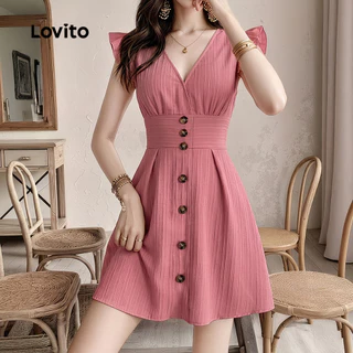 (New Arrival) Lovito เดรสสีชมพูเรียบง่ายแต่งระบายกระดุม เดรสฤดูสปริง/ฤดูร้อนสําหรับผู้หญิง LK7ED1181