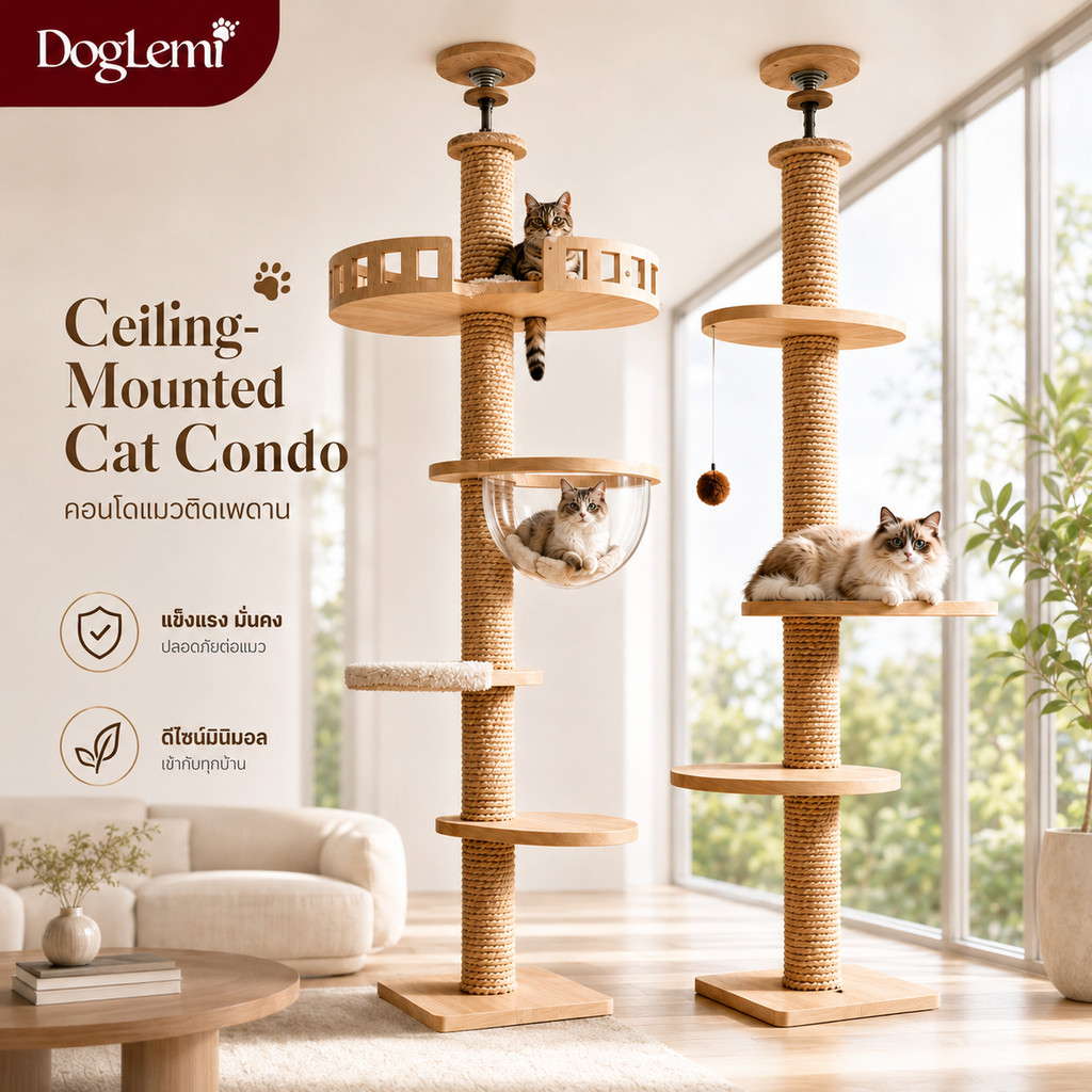 【Doglemi】คอนโดแมวติดเพดาน สูง 260-320cm ไม่ต้องเจาะผนัง เสาปีนแมวหลายชั้น ประหยัดพื้นที่ แข็งแรง เหมาะกับคอนโด