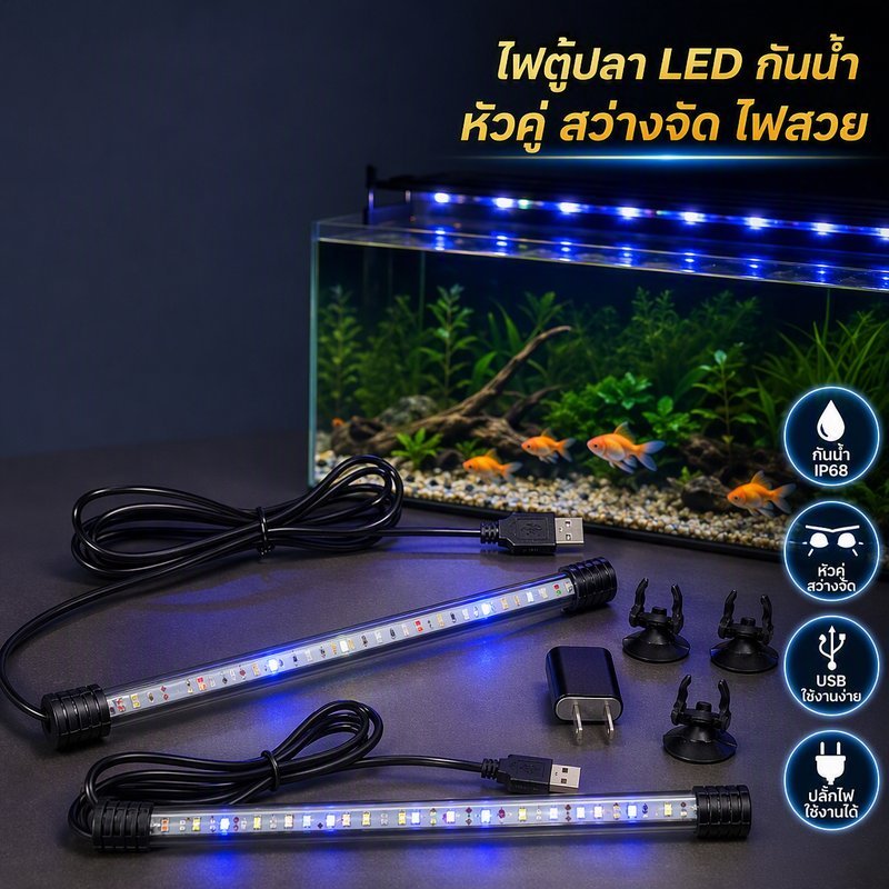 ไฟตู้ปลา LED หัวคู่ กันน้ำ สปอตไลท์ ติดขอบตู้ แสงขาวฟ้า สายยาว 1 5 เมตร ปลั๊ก USB