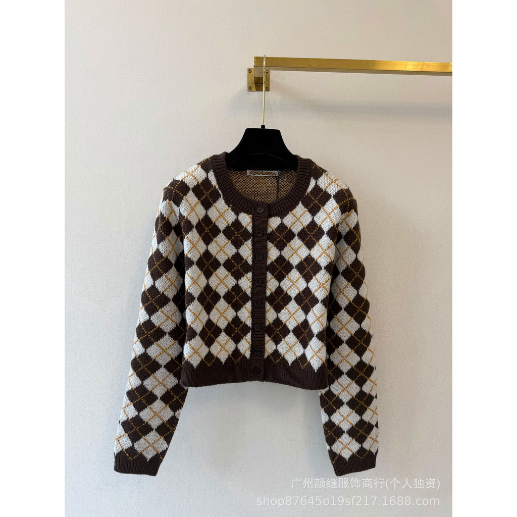 1RNM ANN * Rhombus Contrast สีรอบคอถักเสื้อสเวตเตอร์ถักผู้หญิงแขนยาว Single-Breasted เสื้อกันหนาว To