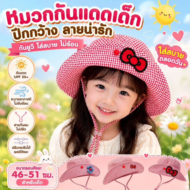 NEW หมวกกันแดดเด็ก ปีกกว้าง ลายน่ารัก กันยูวี ระบายอากาศ สำหรับกิจกรรมกลางแจ้ง สีแดง หมวกชาวประมง