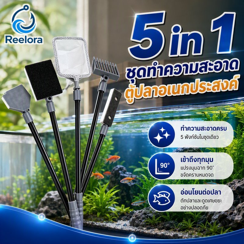 ชุดทําความสะอาดตู้ปลา 5 In 1 Algae Scraper Fish Net Gravel Rake ขยายจับ Quick Swap