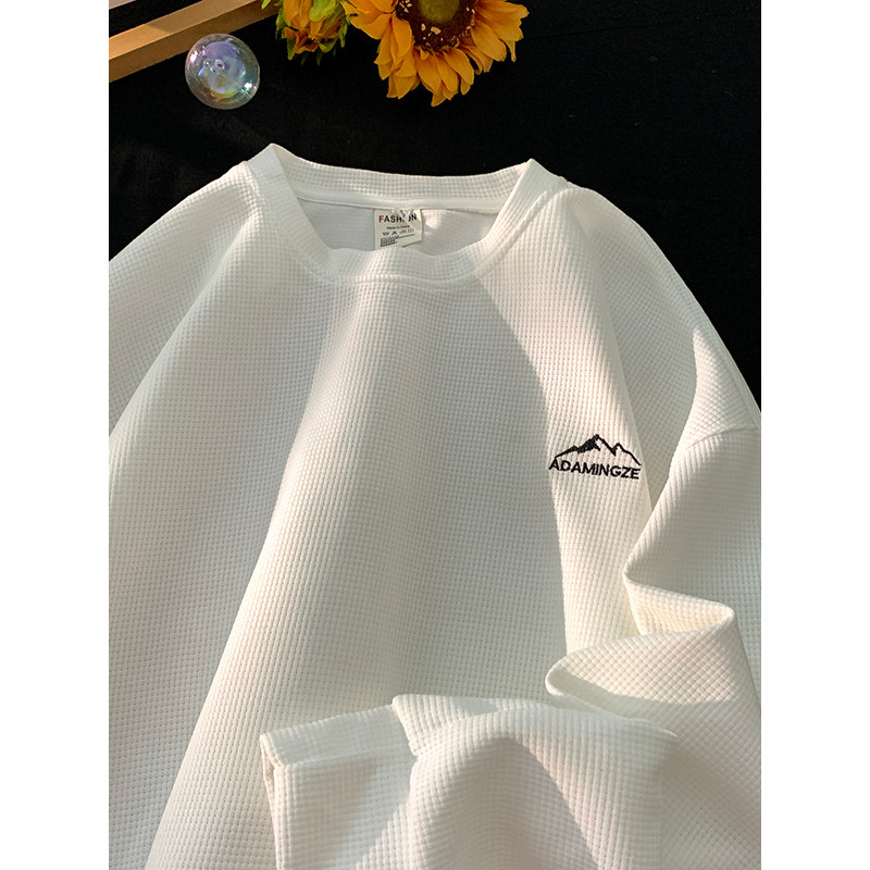 American Heavy Waffle Sweatshirt Men Autumn Street Wear High Street All-Match Top Youth Round Neck L