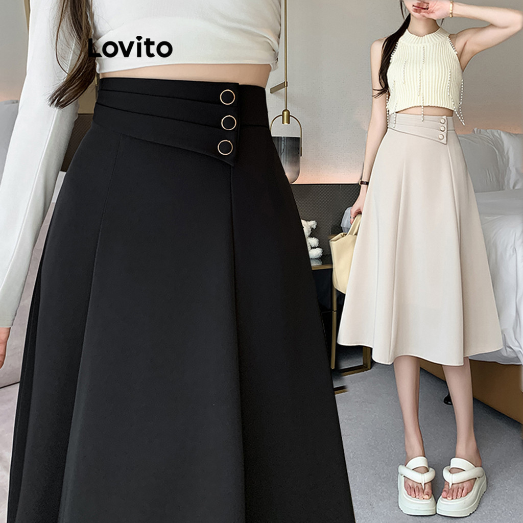 Lovito สง่างาม กระโปรง กระโปรงกระดุมสีพื้นสําหรับผู้หญิง LNM69126