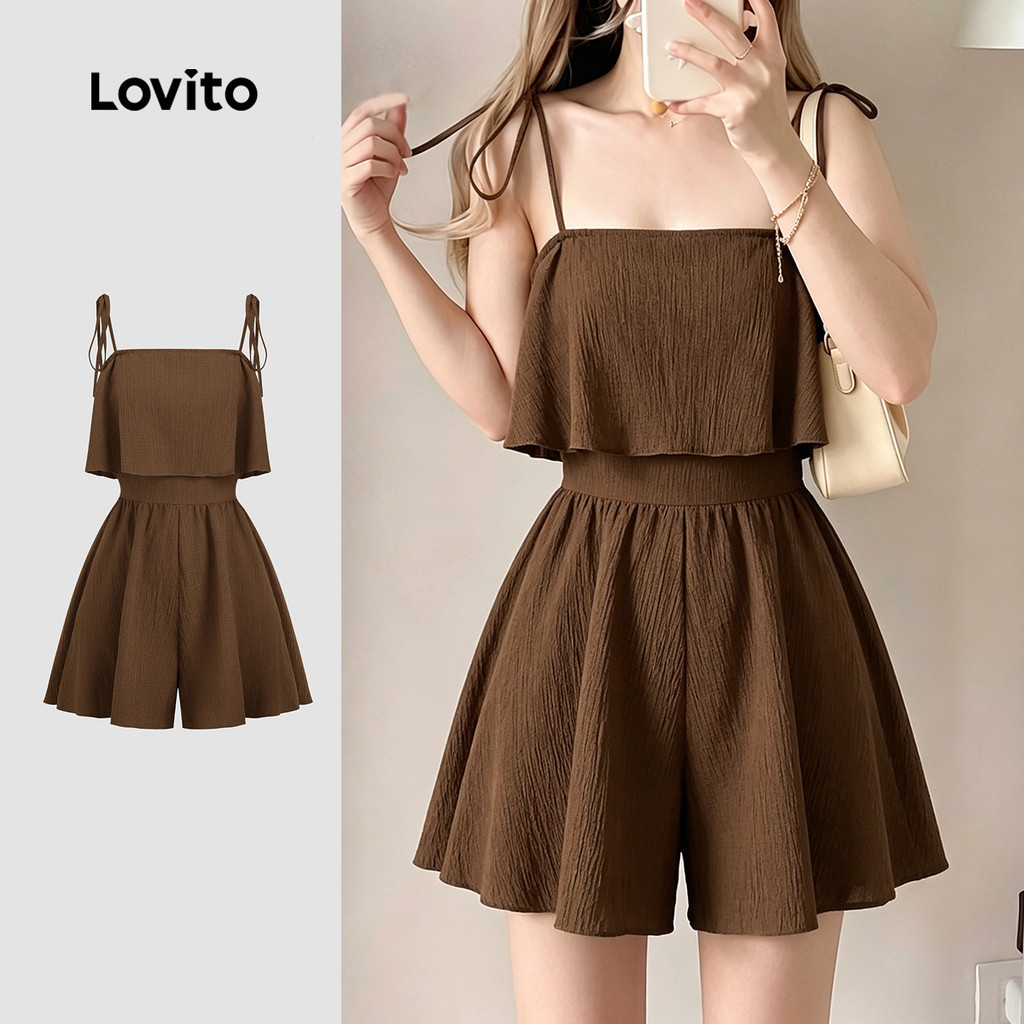 (New Arrival) Lovito จั๊มสูทลําลอง Jacquard สําหรับผู้หญิง สีน้ําตาบ เหมาะสําหรับฤดูใบไม้ผลิ/ฤดูร้อน LK7LD1063