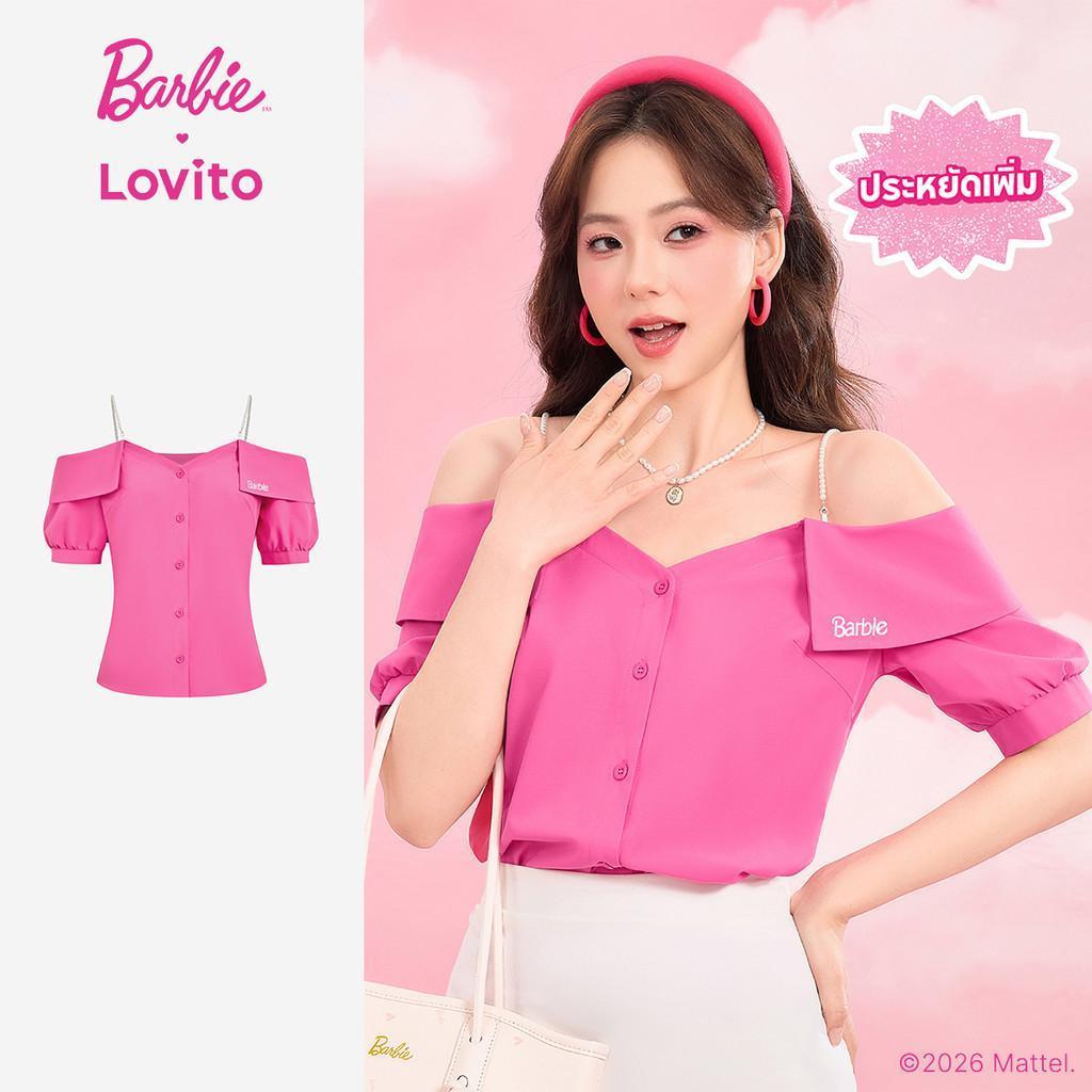 Barbie™ X Lovito แคชชวล เสื้อเบลาส์ผู้หญิง สีชมพูบานเย็น ปักมุก ตกแต่งด้วยกระดุม เหมาะสําหรับฤดูใบไม้ผลิ/ฤดูร้อน เกาหลี อินเทรนด์ BLBL4PAD009