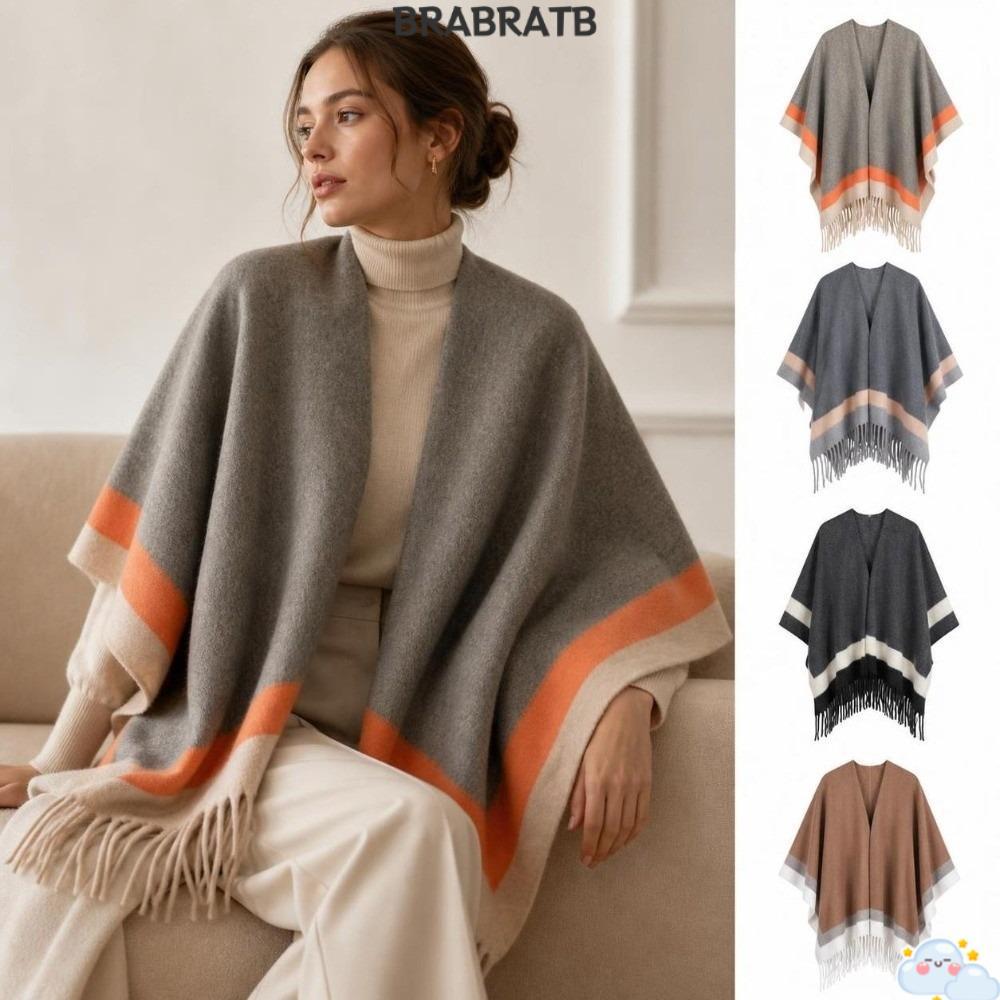 BRABRAA ลายขอบ Poncho, Warm Soft Open Front Cape Shawl, Elegant Fringed Edge สบายขนาดใหญ่พู่ Poncho 