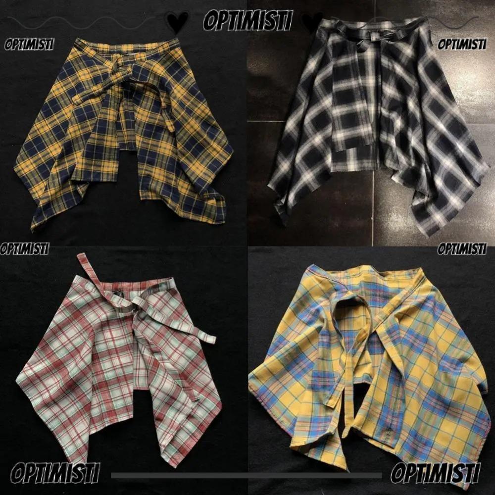 OPTIMISTI8E เสื้อเชิ้ตเอว, โบว์โบว์ไม่สม่ําเสมอผู้หญิงกระโปรงลายสก๊อต, Retro Elastic Blue White Latt