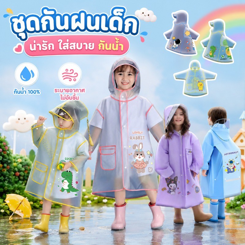 ชุดกันฝนเด็ก เสื้อกางฝนเด็ก มีช่องสะพายกระเป๋า วัสดุ EVA หมวกปีกใหญ่ขึ้น ใส่สบาย แถบสะท้อนแส เนื้อผ้าหนา