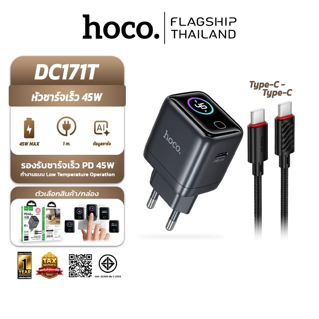 HOCO DC171T หัวชาร์จไว GaN PD 45W หน้าจอดิจิตอล AI Smart Display พร้อมสาย Type-C to Type-C 1 เมตร ชุ