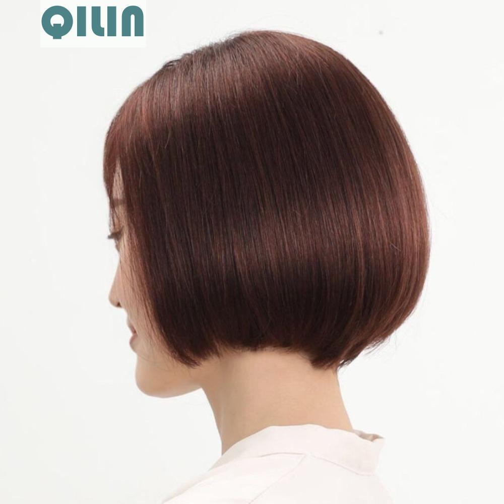 QILIN สั้นสีดําสีน้ําตาลวิกผม,ด้านข้างสังเคราะห์ Bob ตรงวิกผม Bangs, Fasion ผม Extension False Breat