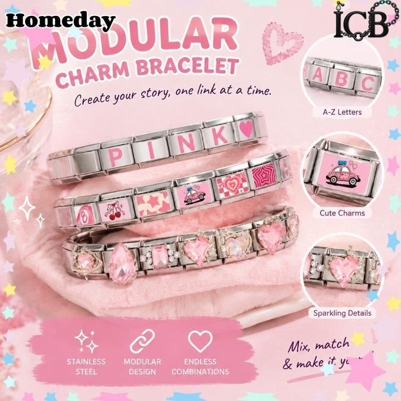 ดอกไม้สีชมพูอิตาเลี่ยน Charm สร้อยข้อมือสร้อยข้อมือสแตนเลสเครื่องประดับทําอุปกรณ์เสริม DIY Retro บุคลิกภาพโมดูลสร้อยข้อมือ