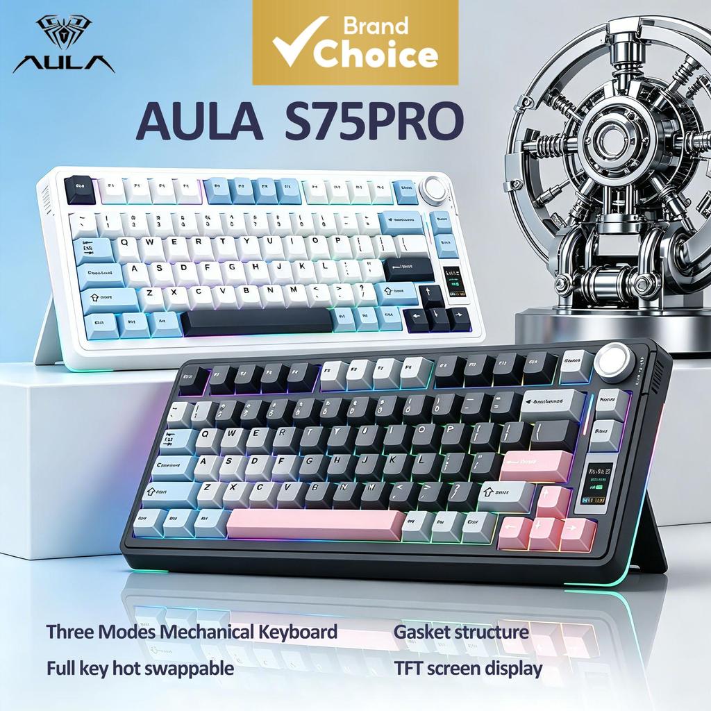 คีย์บอร์ดเกมมิ่ง Aula S75Pro แบบ 75% ไร้สาย 3 โหมด ถอดสวิตช์เปลี่ยนได้ ไฟ RGB พร้อมลูกบิดจอ LCD แบตเ