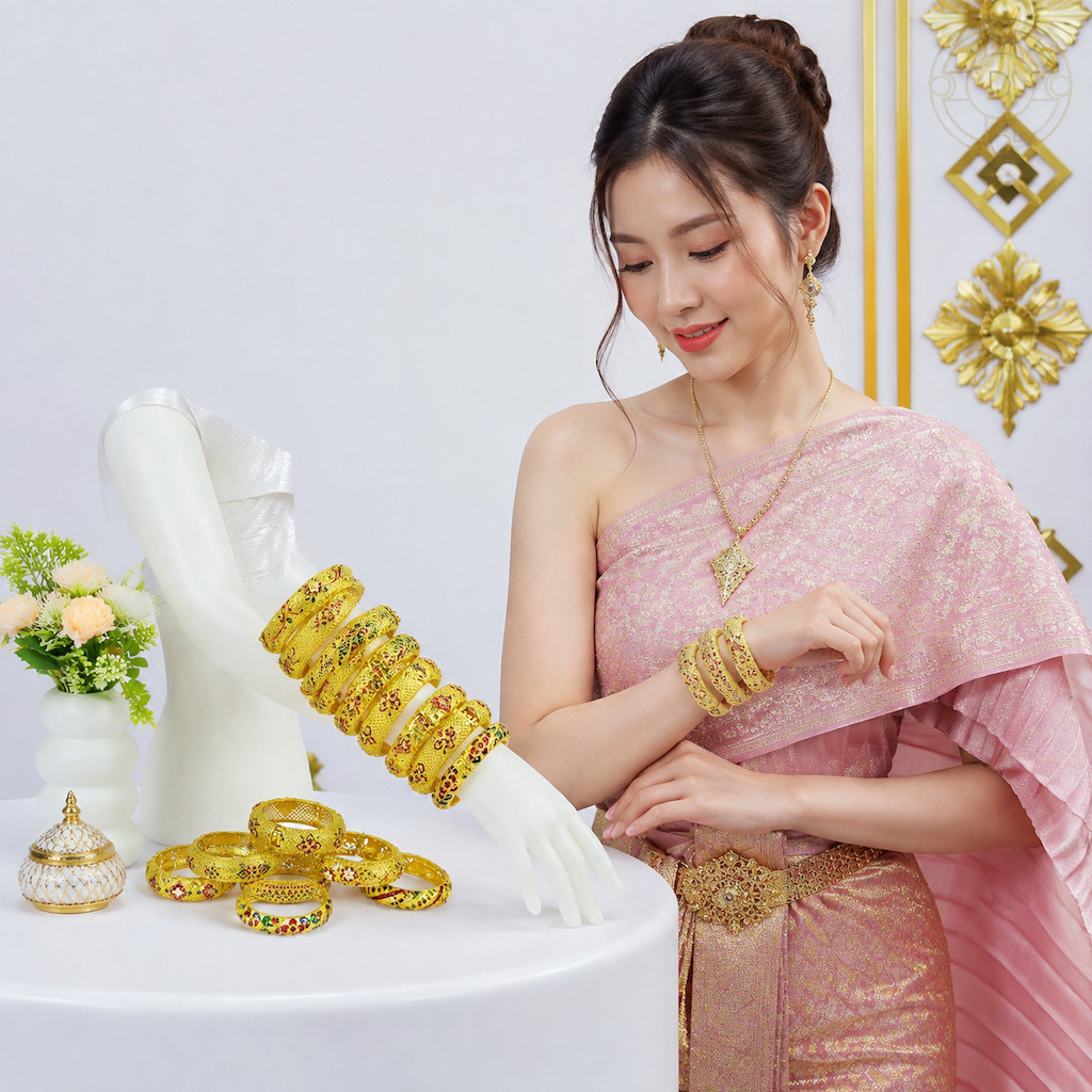 กำไลลายไทยโบราณ สีทอง เครื่องประดับชุดไทย กำไลนางรำ เจ้าสาว งานโรงเรียน