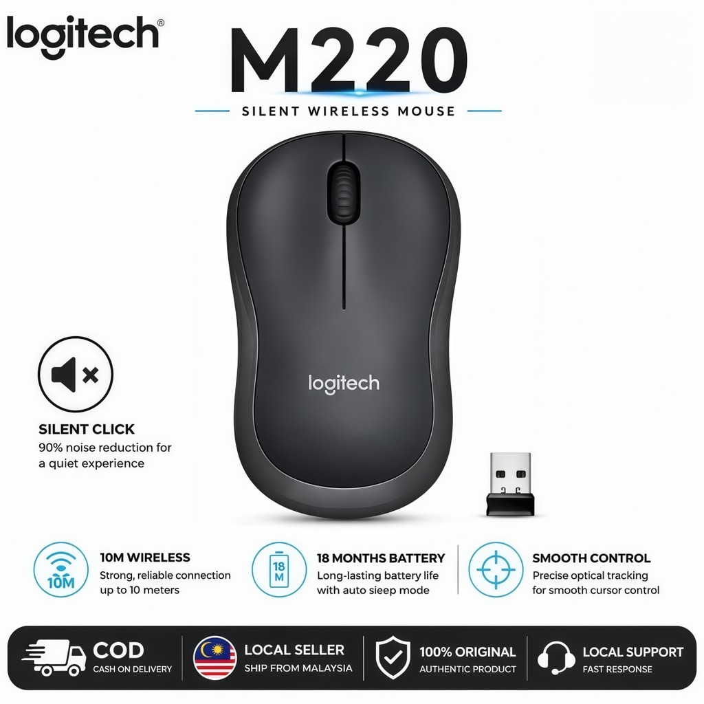 Logitech M220 Silent Wireless Mouse : 10m Range 1000 DPI, อายุการใช้งานแบตเตอรี่ 18 เดือน, Plug & Pl