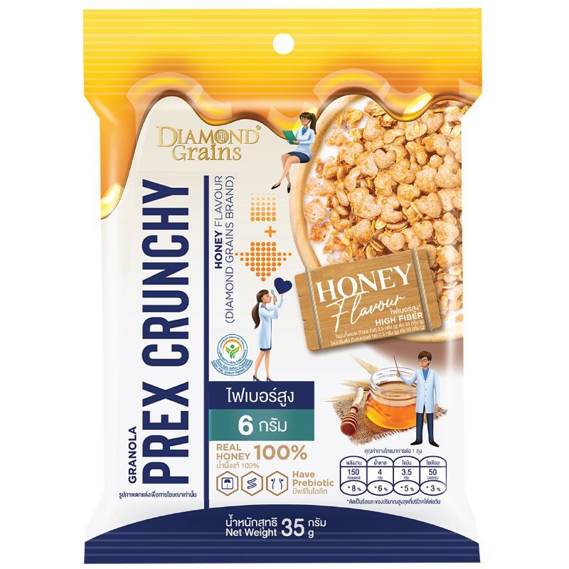 ไดมอนด์เกรนส์กราโนล่าพรีกซ์ครันชี่รสน้ำผึ้ง 35กรัม Diamondgrains Granola Prex Crunchy Honey Flavour 35g.