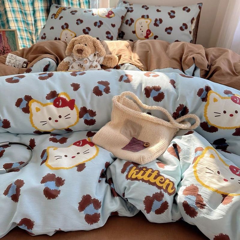 萌萌哒可爱豹纹猫床上用品亲肤四套被套床单学生宿舍三套被罩20260908 Adorable cute leopard print cat bedding set, skin-friendly four