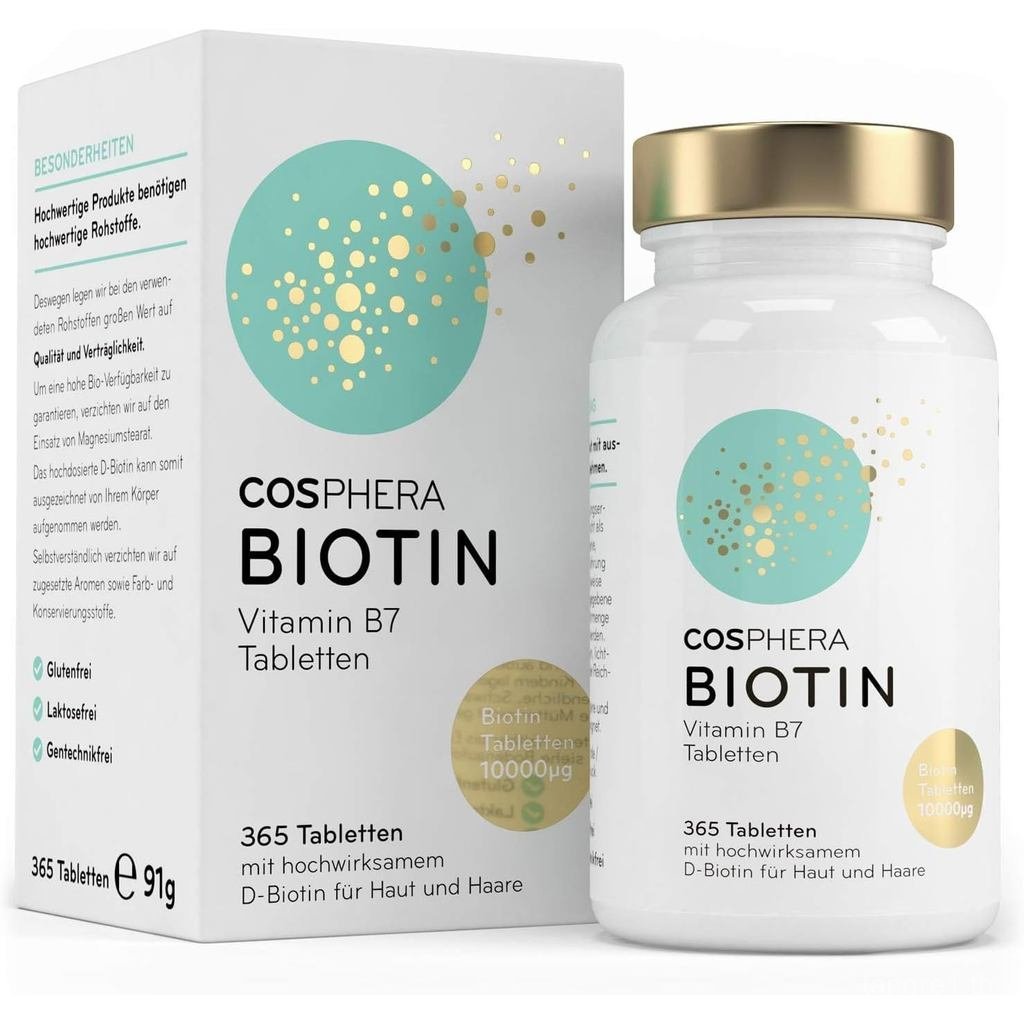 Cosphera Biotin Tablets, High-Dose (10,000 mcg D-Biotin ต่อแท็บเล็ต) 365 เม็ดมังสวิรัติ / จัดหาวิตาม