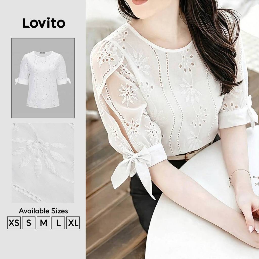 Lovito เสื้อเบลาส์โบโฮผ้าลูกไม้สีขาวสําหรับผู้หญิง แบบพลีเคท ผูกเชือก สไตล์สปริง/ซัมเมอร์ BLK8P1D394