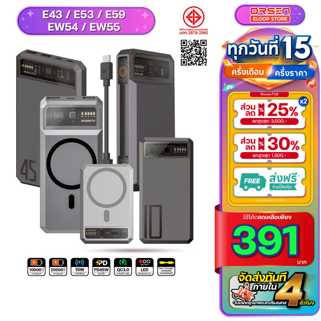 [พร้อมส่ง ส่งด่วน] Orsen Eloop Store EW54 EW55 E53 E43 E59 แบตสำรอง ชาร์จเร็ว PD พาวเวอร์แบงค์