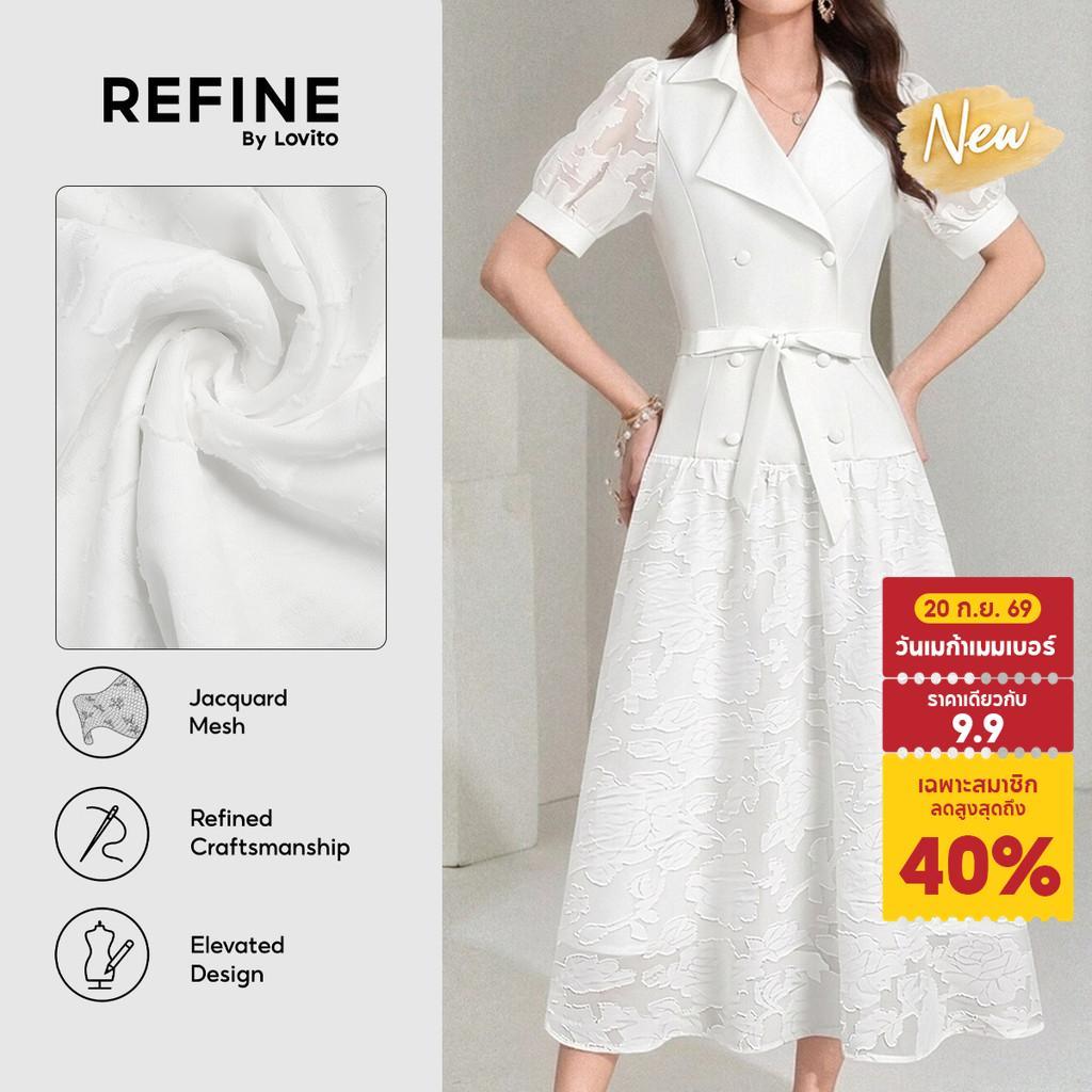 (New Arrival) (Refine by Lovito) เดรสสีขาวสำหรับผู้หญิง ลายดอกไม้ จาคการ์ด ติดกระดุมคู่ ตัดต่อผ้า ชายบานยาว สำหรับใส่ทำงาน DRR43P1D071