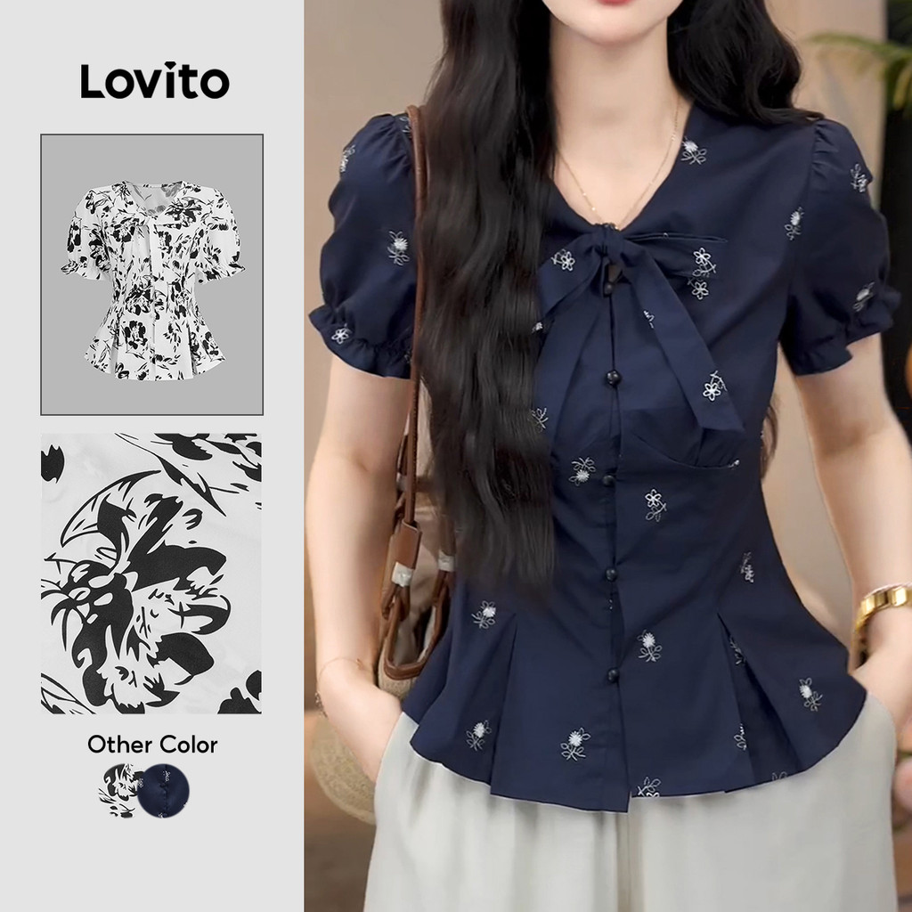 Lovito แคชชวล เสื้อเบลาส์สำหรับวันหยุดพักผ่อนสุดหรู ติดกระดุมด้านหน้า ผูกโบว์จีบพลีท สีน้ำเงินเข้ม สำหรับผู้หญิง เหมาะสำหรับฤดูใบไม้ผลิ/ฤดูร้อน L154LD162