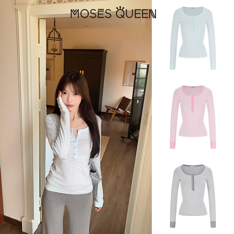 MOSESQUEEN تيشيرت نسائي مقلّم بأكمام طويلة وياقة مفتوحة — صورة 4