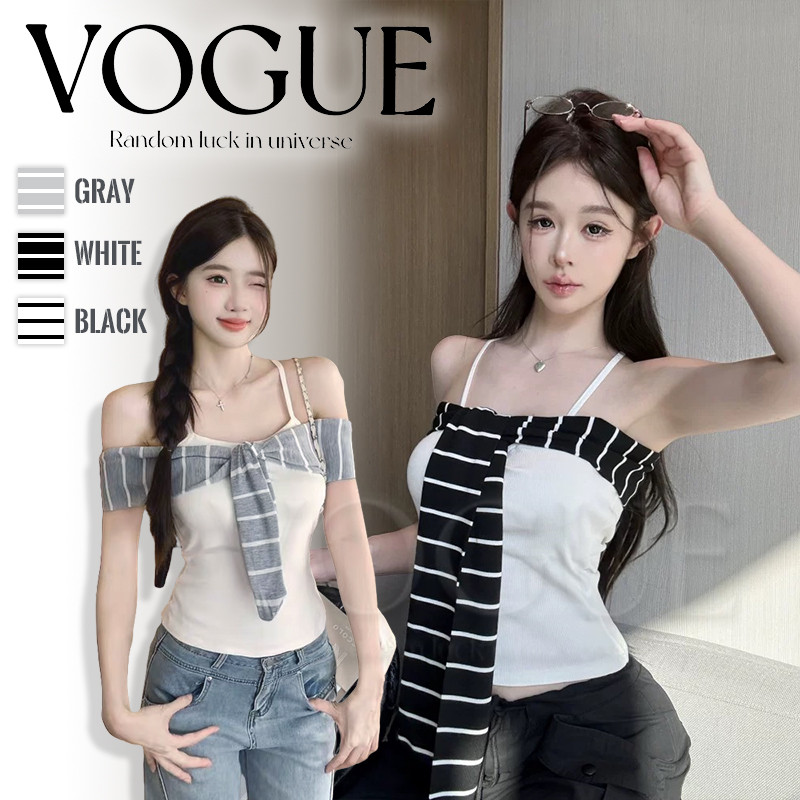 Vogue🌟พร้อมส่ง🌟 เสื้อสายเดี่ยว มินิมอลสไตล์ ดีเทลเพิ่มสายผูกอกลายทาง มีฟองน้ำ (FY66035)