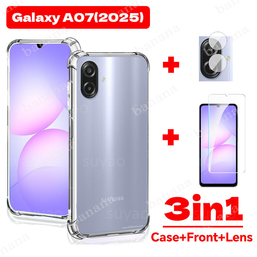 สําหรับ Samsung Galaxy A07 A17 2025 3in1 เคสโทรศัพท์ปลอกใส SamsungA07 กันกระแทก Soft TPU ง่ายกระจกนิรภัยหน้าจอป้องกันฟิล์มกล้อง HD 9H เลนส์ปกหลัง