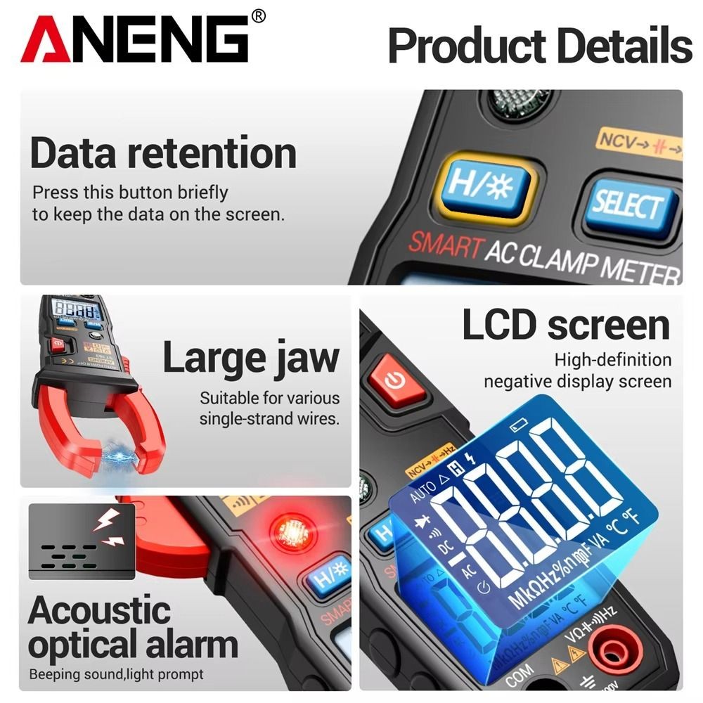 GORG Digital Clamp Meter, 6000 นับ DC/AC Tester มัลติมิเตอร์แบบดิจิตอล,มัลติฟังก์ชั่น Professional จอแสดงผล LED เครื่องทดสอบแรงดันไฟฟ้า - รูปที่ 5