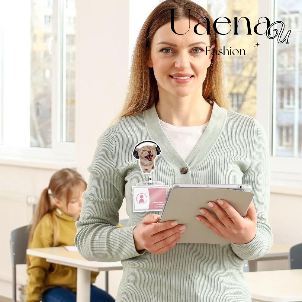 UAENAU พวงกุญแจแมว, อะคริลิค Retractable Memes Badge Reels, Lanyard Cat Memes Series กระเป๋าจี้สํานั