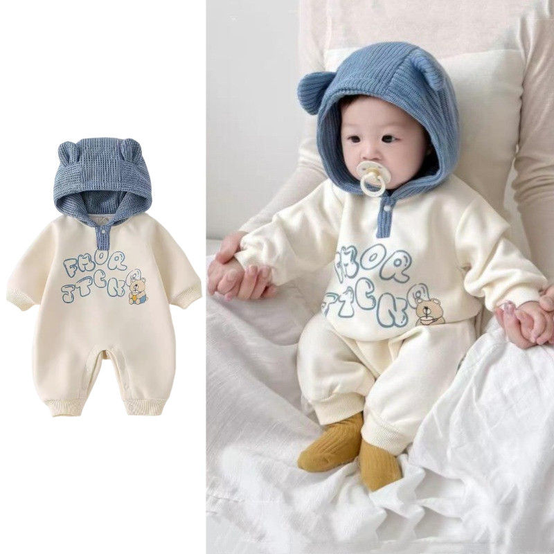 ชุดบอดี้สูทแขนยาวสำหรับทารกและเด็กเล็ก แบบฮู้ดดี้ อายุ 0-2 ปี สไตล์การ์ตูน สำหรับทั้งชายและหญิง