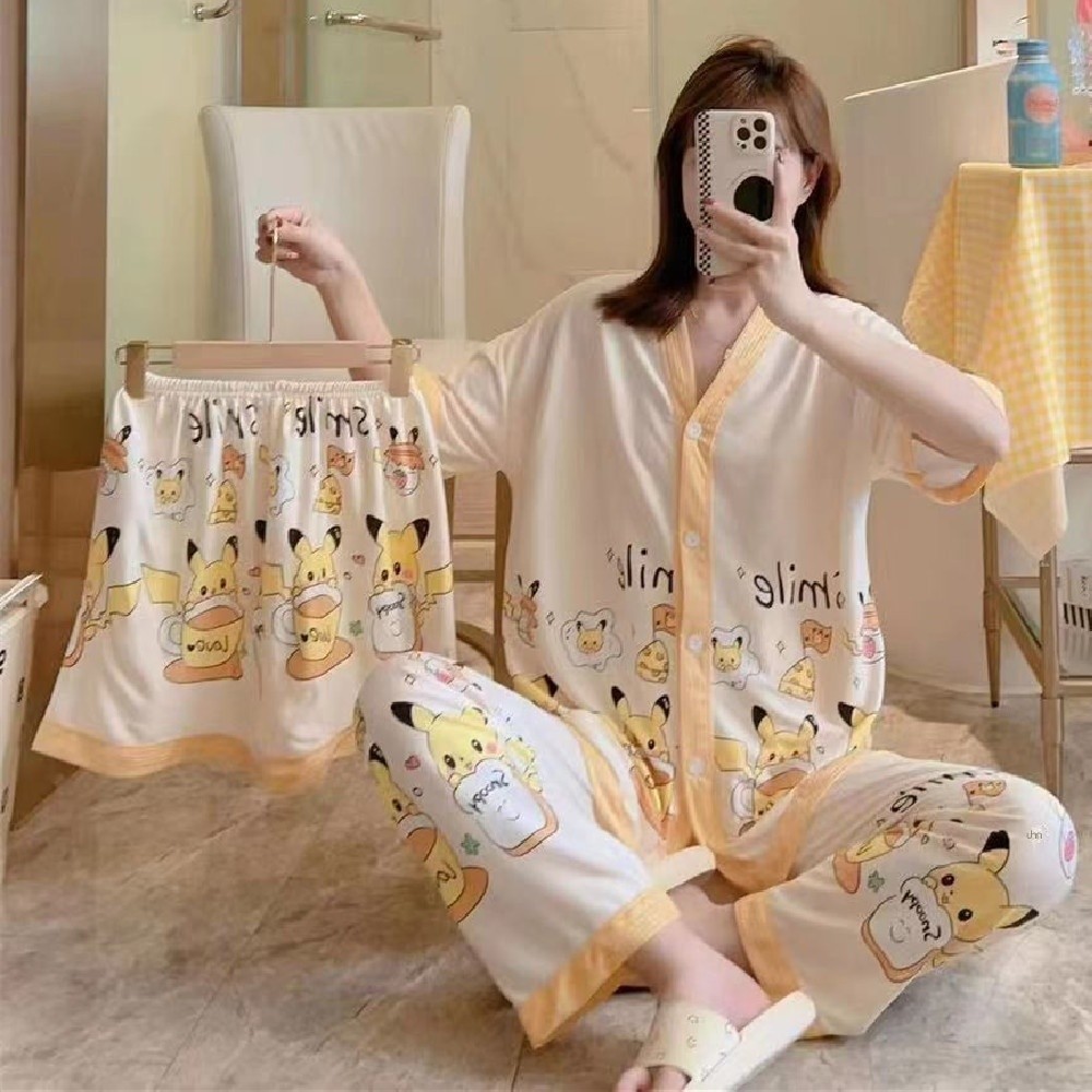 คอตตอนคอ V รอบอก44-46นิ้ว แขนสั้นขายาวแถมฟรีกางเกงขาสั้น ฟรีไซส์ Free size Pajamas LittleStar6 ✨nove