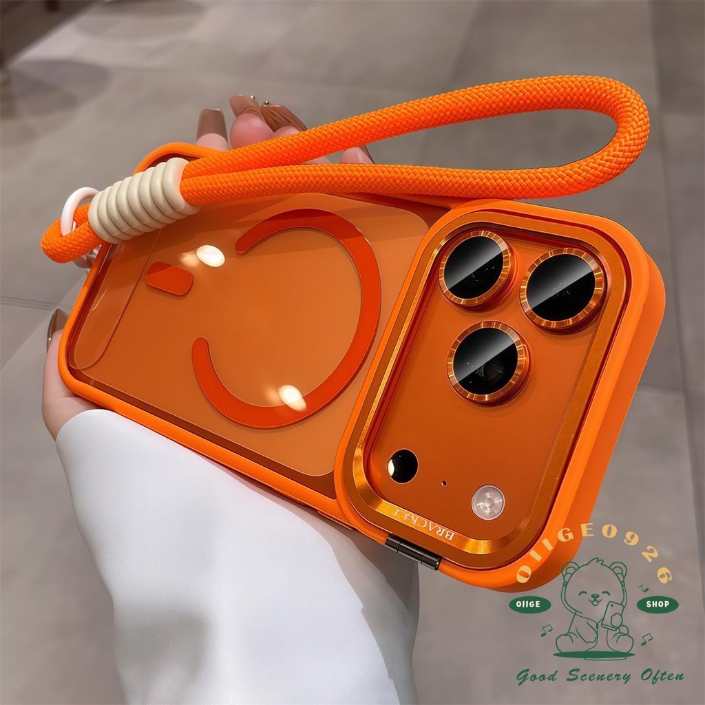 เคส iPhone17 Orange เชือกเส้นเล็กผิวเลนส์ไวต่อแสงวงเล็บเคสโทรศัพท์แม่เหล็ก iphone17 Pro Max 16 15 14 13 12ปลอกสําหรับเคส iPhone ซิลิโคนนุ่ม TPU กันกระแทก