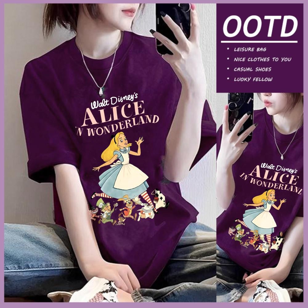 T42.SHOP  เสื้อยืดผู้หญิง พิมพ์ลาย“IN WONDERLAND”ผ้าCOTTON100% ใส่สบาย เกาหลีสไตล์OVERSIZE  เสื้อม่วง unisex【COD】 ราคา ถูกที่สุด ดีลบีเคเค แกลเลอรีภาพที่ 2