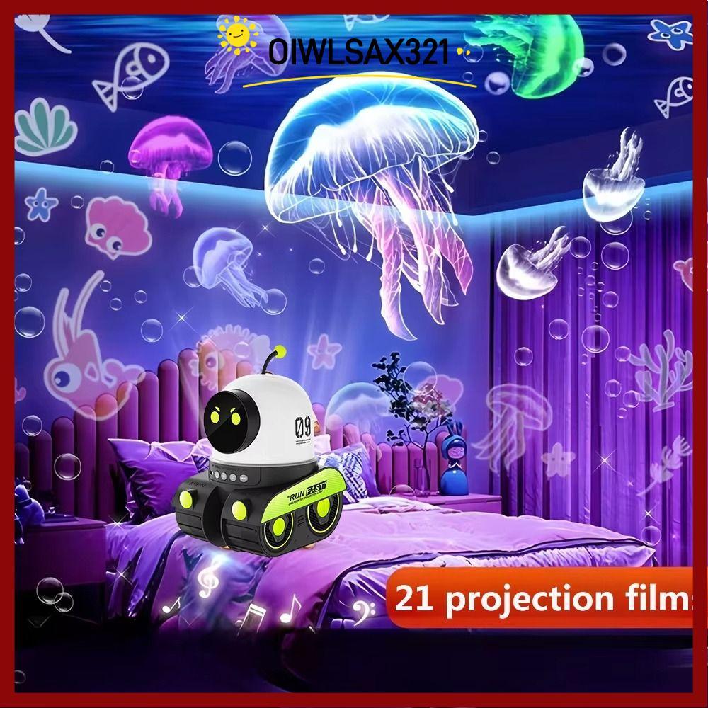OIWLSAX321 Starry Sky โปรเจคเตอร์,เพลงชาร์จ 21 ฟิล์มหมุนหุ่นยนต์ถังโปรเจคเตอร์โคมไฟ,Ocean Jellyfish 
