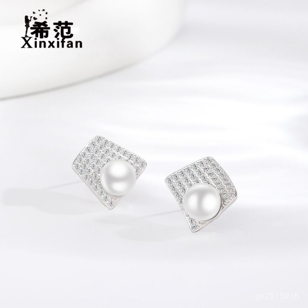 S925 Pearl High-End หญิงเรขาคณิตสแควร์ชิ้นที่ไม่ซ้ํากันต่างหูหรูหราสีขาวคอไม่สม่ําเสมออารมณ์เงินสเตอ